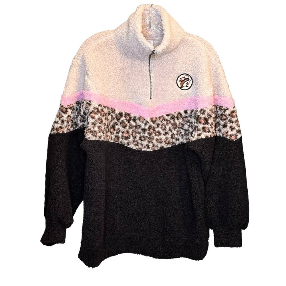 Buc-ees Women's Sherpa Fleece Pink Brown Pullover 1/4 Zip Jacket Size S